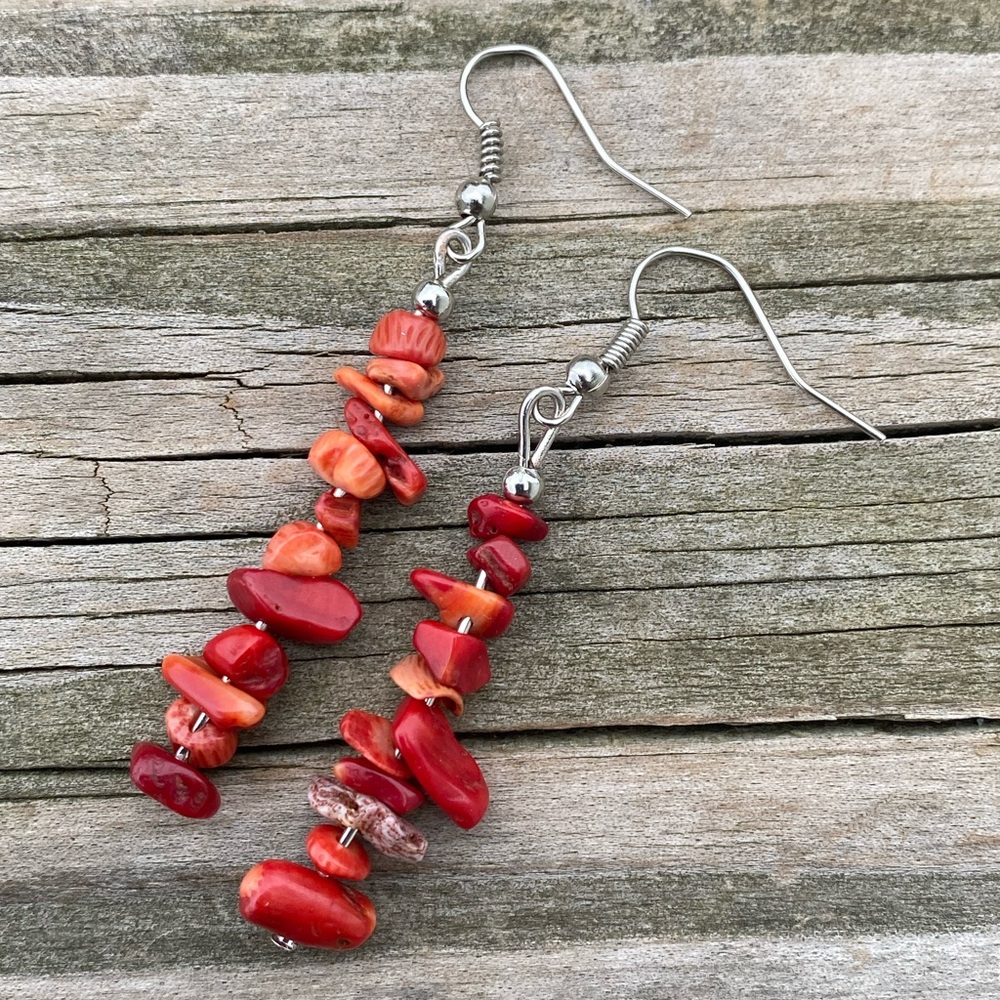 Red Coral gemstone linear drop earrings